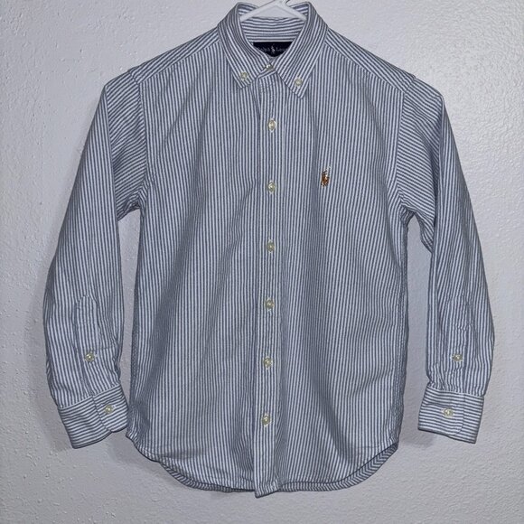 Ralph Lauren Boys Button Down Shirt Size 8 Blue White Stripe Long Sleeve Cotton - Picture 1 of 9